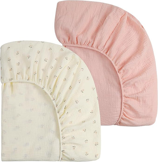 Onacosht Muslin Mini Crib Sheets, 39" x 27" Pack and Play Mattress Sheets Fitted for Pack N Play, Soft Cotton for Boys Girls, 2 Pack, Pink Floral