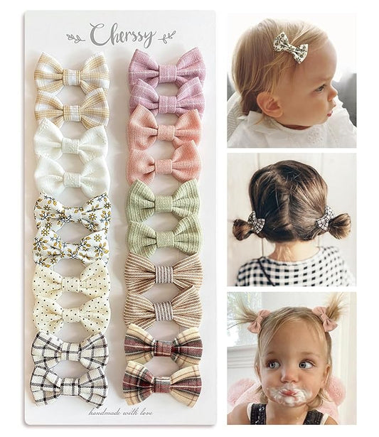 Baby Girls Hair Bow Clips, 20pcs Boutique Cotton Fully Lined Hair Pins, Non Slip Baby Barrettes Accessories for Infants Toddlers Fine Hair by Cherssy