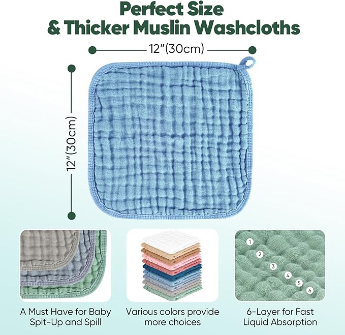 MIGIOL Baby Washcloths 100% Cotton Size is 12x12 inches. Lightweight, Portable, and Ideal for use at Home or on The go. (White & Pink 6 Pieces)
