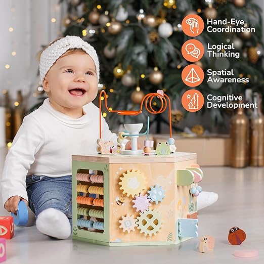 ROBUD Wooden Activity Cube, Montessori Toys for 1+ Year Old, Educational Toy with 13 Functional Areas, Fountain Garden Theme for Baby Boys & Girls