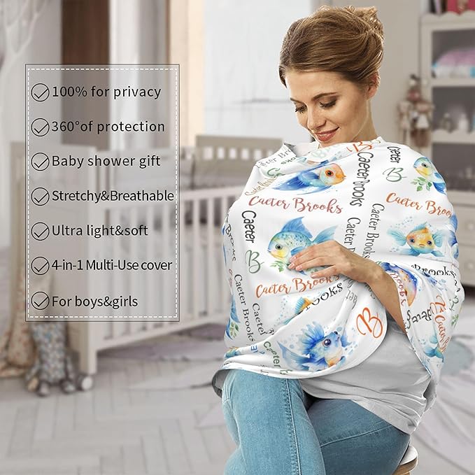 Personalized Baby Car Seat Cover with Name Stroller Canopy Custom Angelfish Carseat Cover Newborn Baby Boy Girl Nursing Cover for Moms First Birthday Gift
