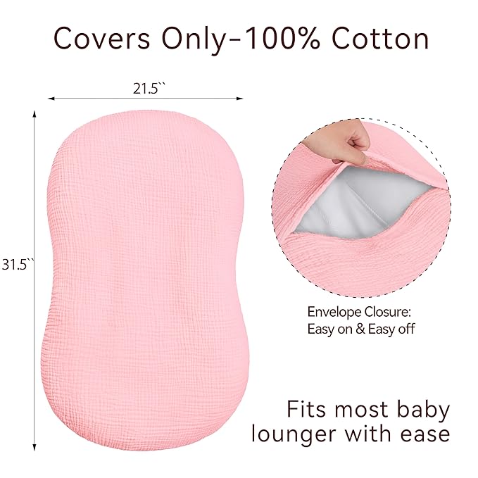 Muslin Baby Lounger Cover 1 Pack, Cotton Soft Breathable Infant Nest Slipcover, Envelope Closure, Compatible with Snuggle Me Loungers, Machine Washable, Cover Only, for Girls Boys(Pink)