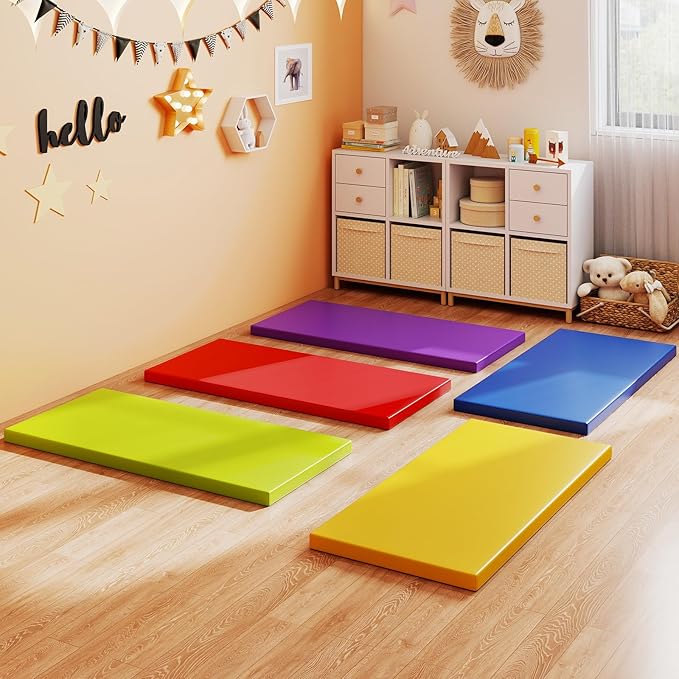 HONEY JOY Thick Daycare Rest Mats, 2-Inch Portable Toddler Floor Mat w/Name Tag Holders for Kids, Non-Folding Foam Napping Mat for Daycare Preschool Travel(5 Pack, Assorted)