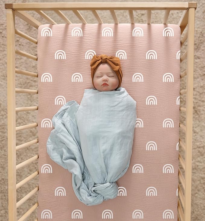 Meracorallo Muslin Mini Crib Sheet, Pack n Play Fitted Sheet, Soft and Breathable Pack and Play Playard Mattress Sheet for Baby Boys and Girls, Rainbow