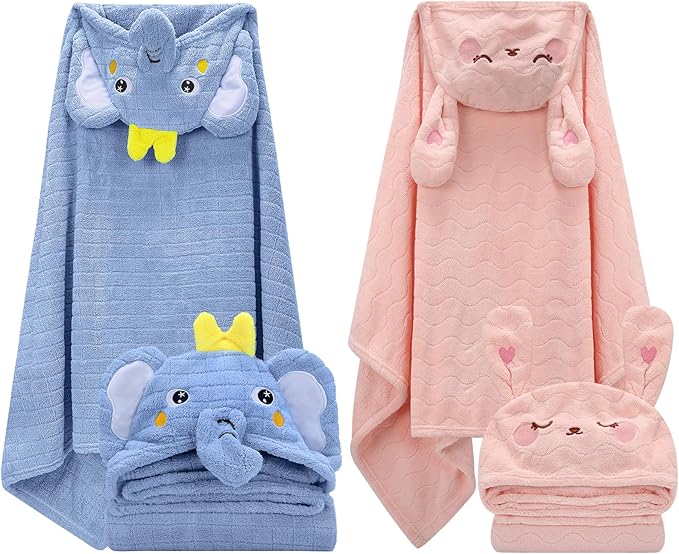VZZNN 2 Pack Hooded Baby Towels-26 X55 Ultra Soft Baby Bath Towels,Newborn Baby Essentials,Premium Absorbentand Hypoallergenic Towels for Toddler Baby Boy and Girl 0-6 Years(Elephant+Rabbit)