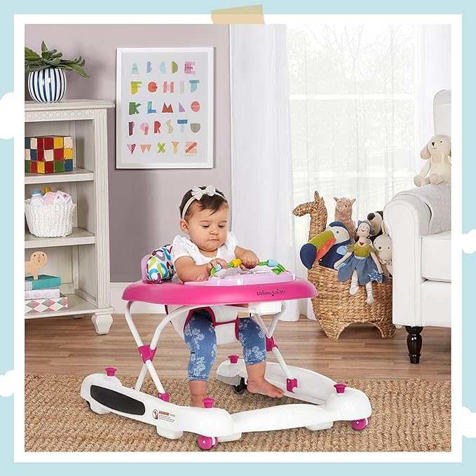 Dream On Me Go-Getter Baby Walker and Walk Behind Walker, Adjustable Seat Height, Comfortable Padded Seat, Easy to Fold, Pack and Store, Detachable Fun Tray, Pink