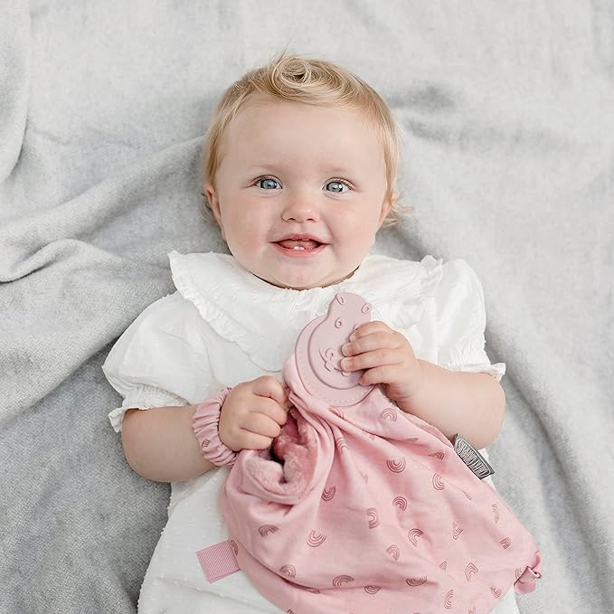 Cheeky Chompers Comfortchew | Baby Lovey with Silicone Teether & Sensory Tags | Soft Fleece Material, Attachable Loop, Machine Washable (Rainbow Rose)