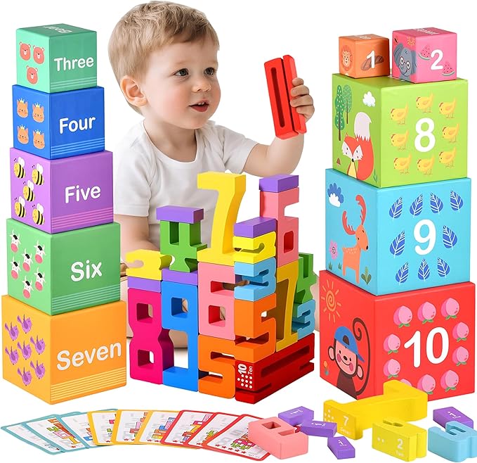 Wooden Number Building Blocks & Stacking Toys for Toddlers 3+ Years Old, Digital Building Blocks, 1-10 Digital Blocks Toys, Balance Competition Toy, Educational Gift for Kids Boys and Girls