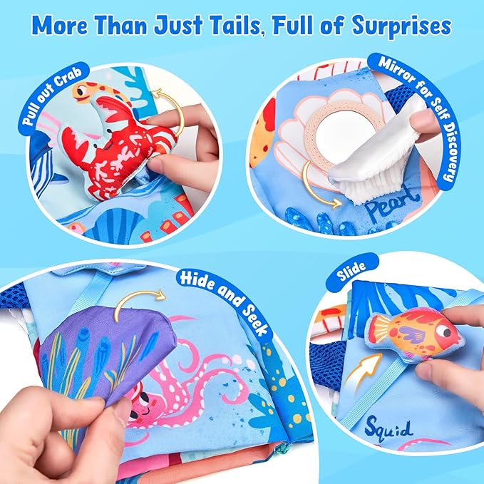 JoyCat Baby Books 0-6-12 Months - Ocean Tummy Time Toys Mirror - Montessori Sensory Activity Cloth Book with 3D Crab & Fish - Newborn Easter Basket Stuffers