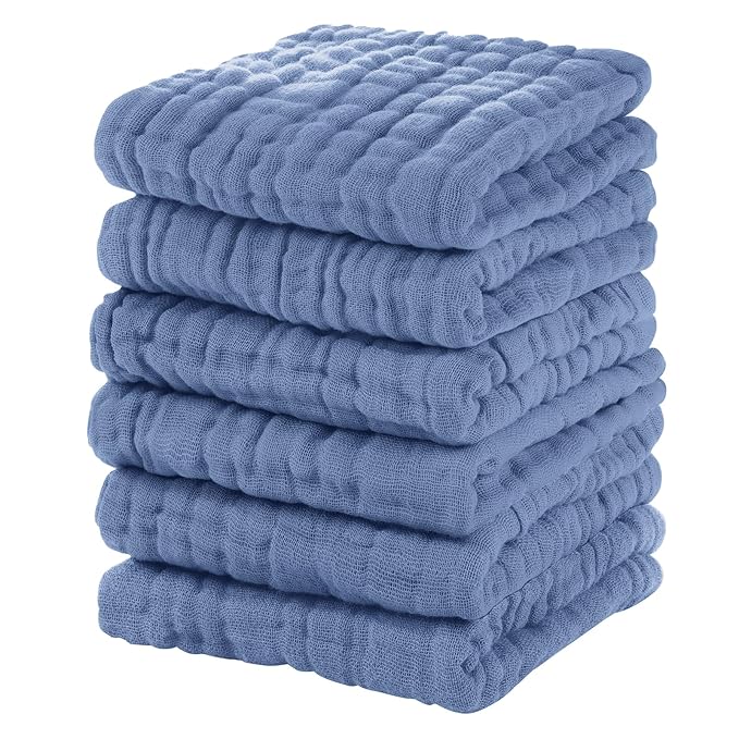 Unnivoll Muslin Burp Cloths Baby 12''X12'', Baby Washcloths 6 Pack, 100% Cotton Baby Wash Cloths Absorbent and Soft for Newborn Infants Kids Boys Girls - Sapphire Blue
