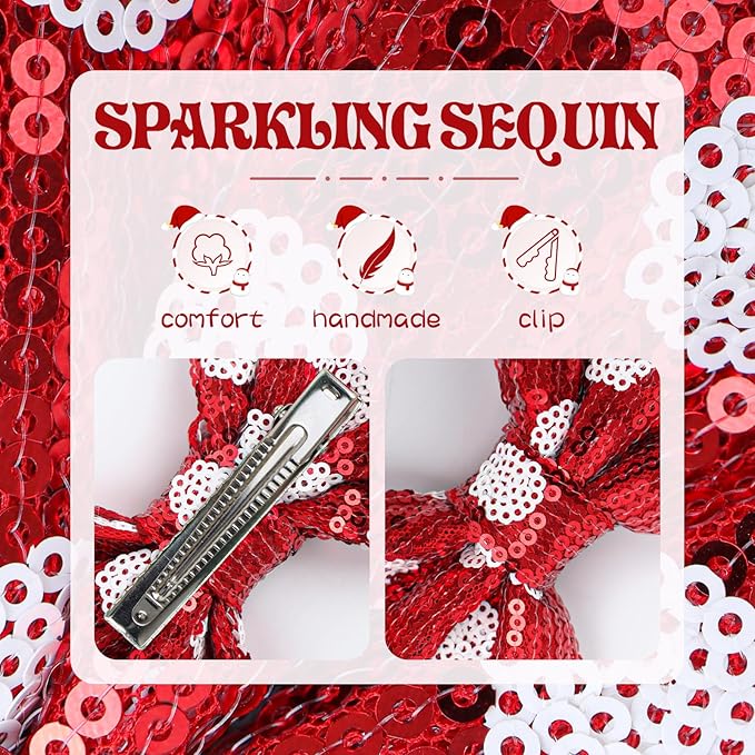 Christmas Glitter Hair Bows Clips Large Sequins Bow Hair Clips Red Dot Hair Barrettes Xmas Hairpin Hair Accessories for Women and Girls