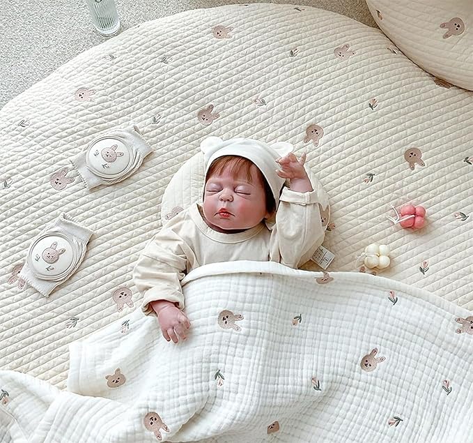 Baby Embroidered Play Mat, 33.5" Soft Cotton Crawling Rug, Detachable Washable Floor Mat for Kids Room, Gym & Nursery, White Olives