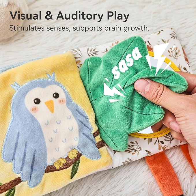 Montessori Soft Baby Book - Sensory Book for Babies 0-12 Months with Crinkle Paper, Touch & Feel Textures, Baby Safe Mirror & Teether. Educational Infant Toys for Tummy Time, Newborn