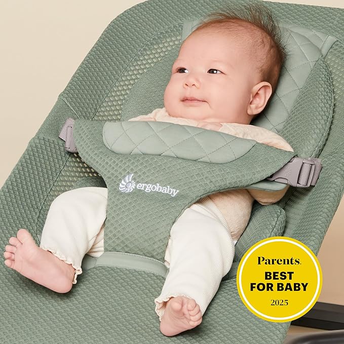 Ergobaby Evolve 3-in-1 Bouncer Seat for Babies and Toddlers 5.5-25lbs - Multi Position Baby Rocker Seat with Adjustable Heights, Secure Harness, Newborn Insert - Sage Green