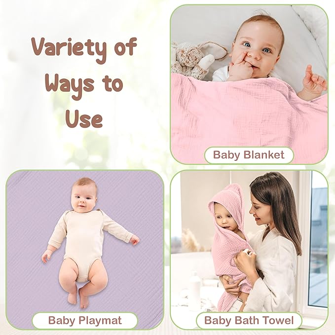 100% Organic Cotton Muslin Baby Hooded Towels - 32x32 Inch, 2 Pack Newborn Bath Towels for Boys & Girls, Soft & Absorbent Bath Set (Light Pink/Light Purple)