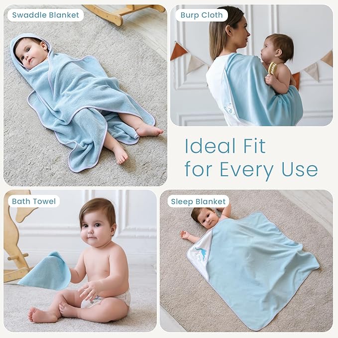 Softan Baby Hooded Towels and Washcloths Set 6 Pack, 28x28 Ultra Soft & Absorbent Baby Bath Towels for Newborn Infant Toddler, Unisex Boys Girls (Blue Dionsaur)