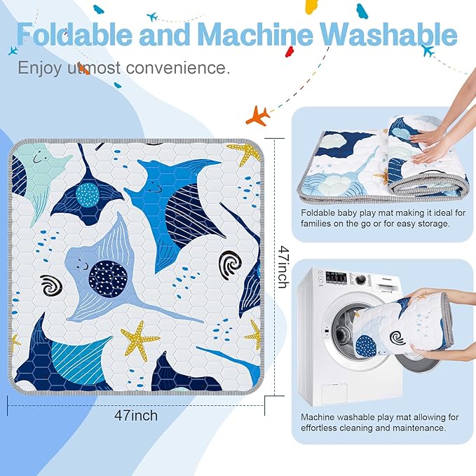 Omzer Baby Play Mat, 47x47 Inch Thick & Soft Playmat for Playpen, Non-Slip Floor Mat for Crawling Infants & Toddlers with Safety Silicone Backing, Machine Washable - Blue