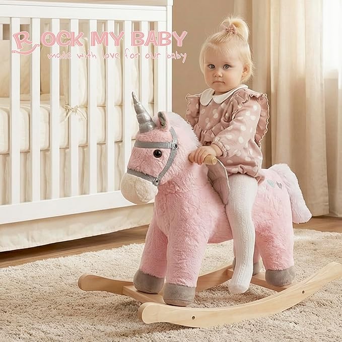 Rock My Baby Rocking Horse, Pink Unicorn/Pony Animal Rocker with Realistic Sound Plush Stuffed Rocking Horses for Toddlers 18M+, CPC Certified