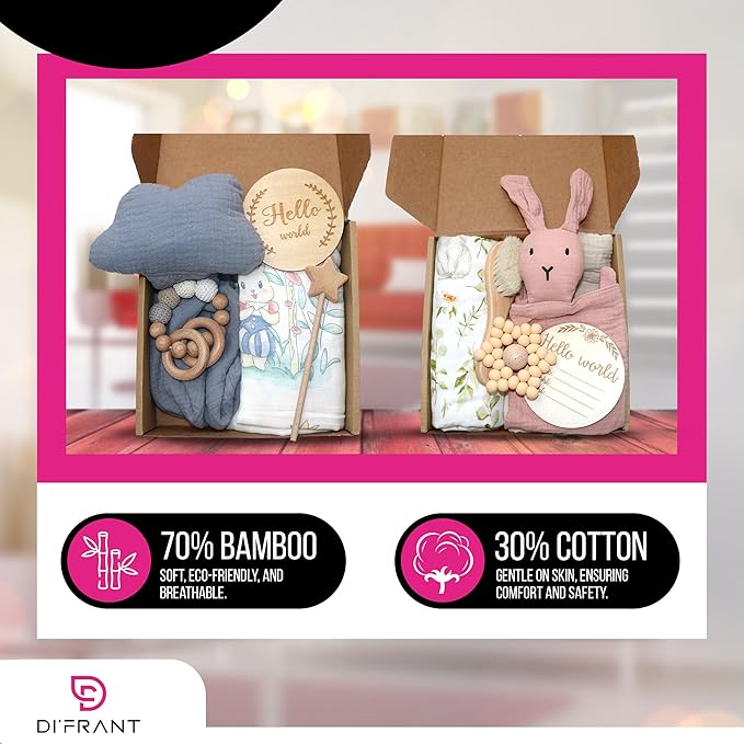 DI'FRANT® Newborn Baby Gift Box | Baby Essentials Educational Teething Toy & Soothing Crochet Rattle Set |Baby Boy Stuff 70% Bamboo & 30% Cotton | Perfect Baby Toy Full Moon Eco-Friendly (Pink Rabbit)