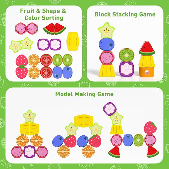 Melofaver Montessori Toys for 3 4 5 Year Old, Wooden Fruit Toddler Stacking Toys, Stacking Blocks & Lacing Beads & Shape Sorter Toy for Toddler, STEM Preschool Learning Toys for Kids Boys Girls