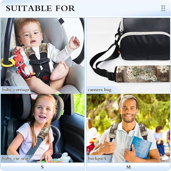2 Pack Seatbelt Covers Seat Belt Cover Pad for Adults Boys Girls Car Seat Strap Covers Pads Cushion Universal Shoulder Strap Pad Protector for Backpack Camera Bag 10x7.7Inch Vintage Daisy Glass Jars