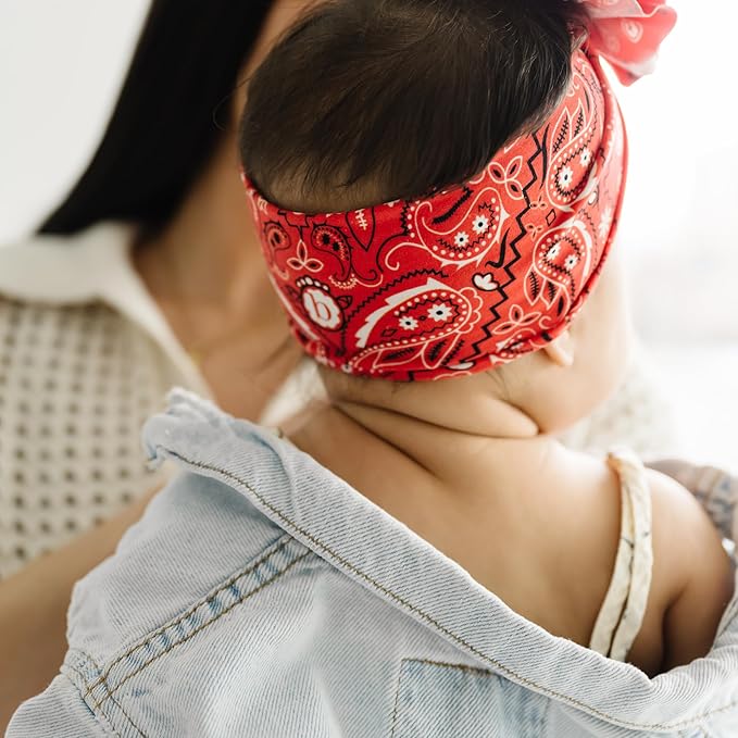 Baby Bling Bows - Newborn to Little Baby Girl Bows, 2PK PRINT SOLID KNOTS Nylon Super Soft Stretchy Toddler Headbands, Perfect Hair Accessories Head Bands for Infant Kids (Red Bandana & Navy)