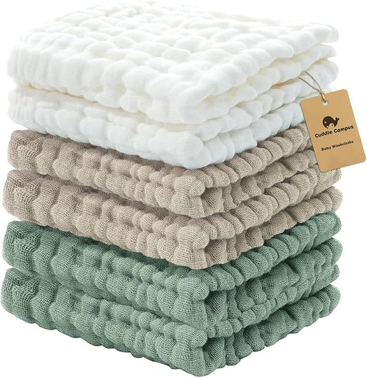 Cuddle Campus Baby Washcloths 6 Packs, Muslin Washcloths Baby,Cotton Burp Cloths, Extra Absorbent and Soft Wash Clothes for Newborns, 12x12 Inches