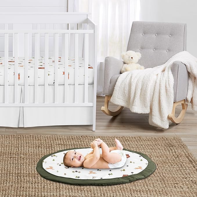 Sweet Jojo Designs Baby Play Mat (Woodland Animals) for Girls and Boys, Infant, Toddler Tummy Time Activity Floor Playmat (Sage Green, Watercolor, Forest Animal Friends, Brown Bear, Fox, Deer, Leaves)
