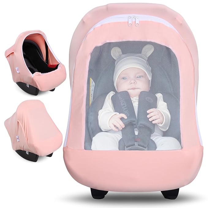 Metplus Car Seat Cover Baby Girl, Breathable Mesh Window Infant Carseat Canopy, Summer Stroller Sunshade Net for Airflow & Privacy, Stretchy Universal Fit (Pink)