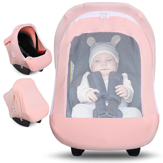 Metplus Car Seat Cover Baby Girl, Breathable Mesh Window Infant Carseat Canopy, Summer Stroller Sunshade Net for Airflow & Privacy, Stretchy Universal Fit (Pink)