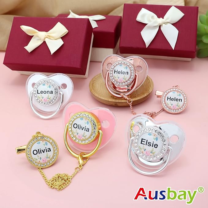 Personalized Pacifier with Name, Bling Gold Pacifier Clip Set Storage Box, Customized Glitter Crystal Luxurious Soother Ideal Gift for Boys Baby Shower Photography Newborn (Pink-Golden)