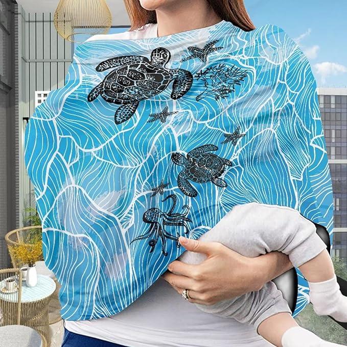 Sea Turle Car Seat Covers Multi-Use Nursing Cover for Baby Infant,Carseat Canopy,Soft Breastfeeding Covers Baby Nursing Cover Easy to Install