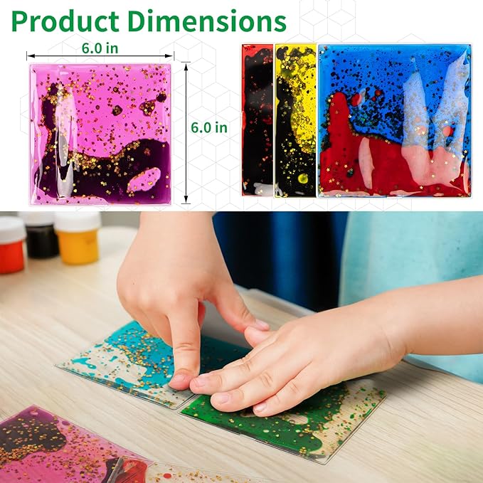 LONGKING 8-Pack 6"x 6" Liquid Tiles for Kids, Soft Gel Liquid Sensory Toys for Autistic Children, Sensory Mats, Sensory Toys for Toddlers 3-4