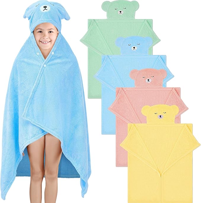 Xtinmee Toddler Bath Towels Hooded for Kid 0-5 Year 28 x 47 Inch Absorbent Baby Hooded Towel with Bear Ears Large Boys Girls Infant Towels Bathrobe Shower Blanket(Soft Color,4 Pcs)