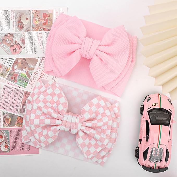 YanJie 2PCS 7’’ Light Pink Bows for Baby Girls Checkered Headband Double Layered Bow Infants Toddler Hair Accessories Newborn Headbands Baby Clothes