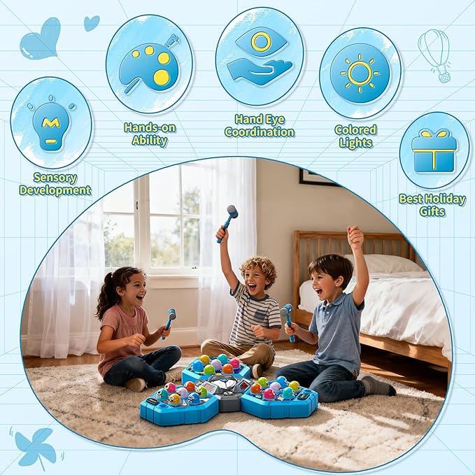 WAYKEE Whack a Game Mole, Toys for 3 4 5 6+ Year Old Boys Girls, Whack a Game for Kids, Gifts for 3-12 Year Old Boys Girls, Interactive Educational Toys with Multiplayer Hammers Sound and Light
