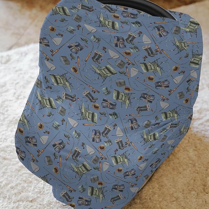 Retro Fishing Gear Car Seat Cover for Babies Trout Fishing Stretchy 5-in-1 Cover Adjustable Infant Carseat Cover Canopy Outdoor Fishing Lovers Gift Breathable Nursing Cover-Up
