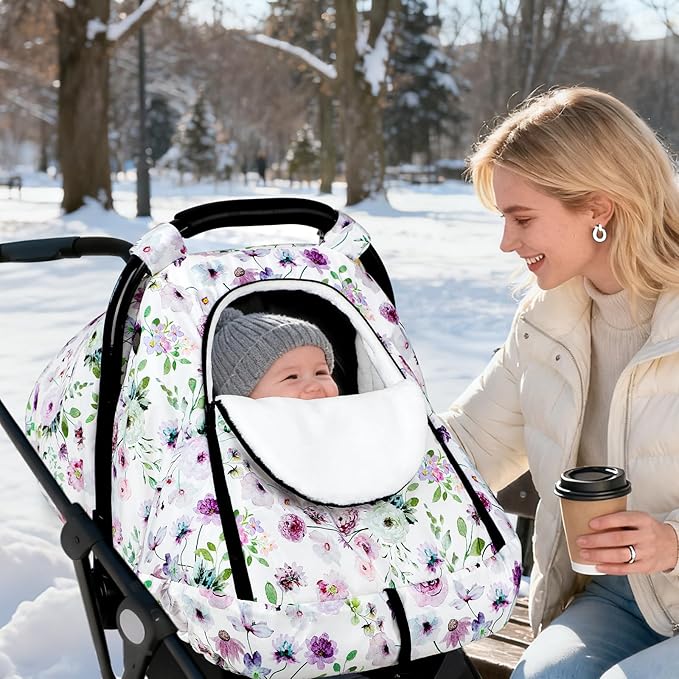 Winter Car Seat Cover Baby, GFU Warm Carseat Cover for Babies, Universal Infant Car Seat Canopy Waterproof, Cold Weather Shield Coats Purple Flowers