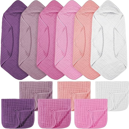 VitalCozy 12 Pcs Baby Muslin Hooded Bath Towels and Washcloths, Muslin Hooded Baby Towels Absorbent Blankets for Gift Newborn Infant Shower (Pink Purple Series)