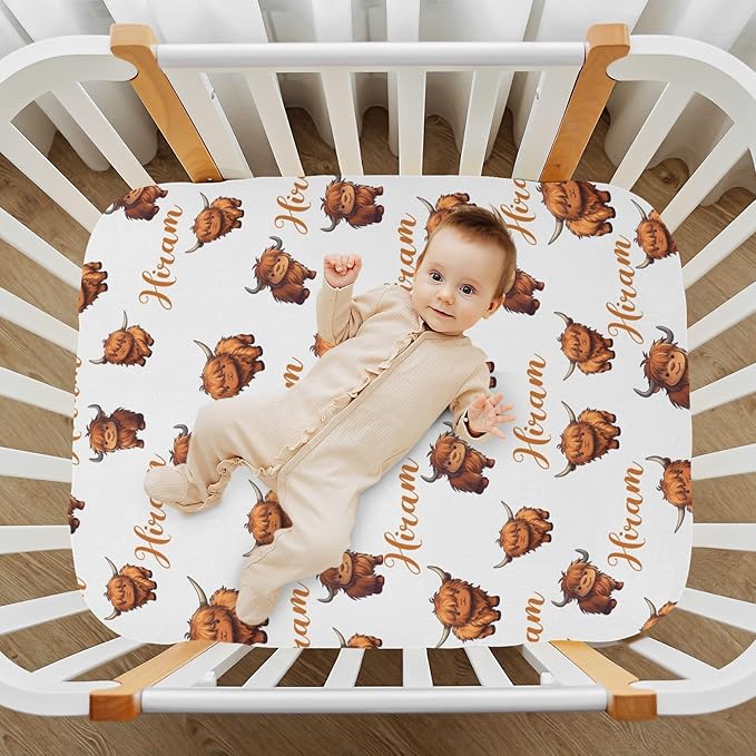 Personalized Monogram Name Mini Crib Sheet for Baby Girls Boys, Customized Highland Cow Cattle Pack and Play Sheets, Multiuse Sheet for Pack & Play, Playard, Playpen, Mini Crib Mattress