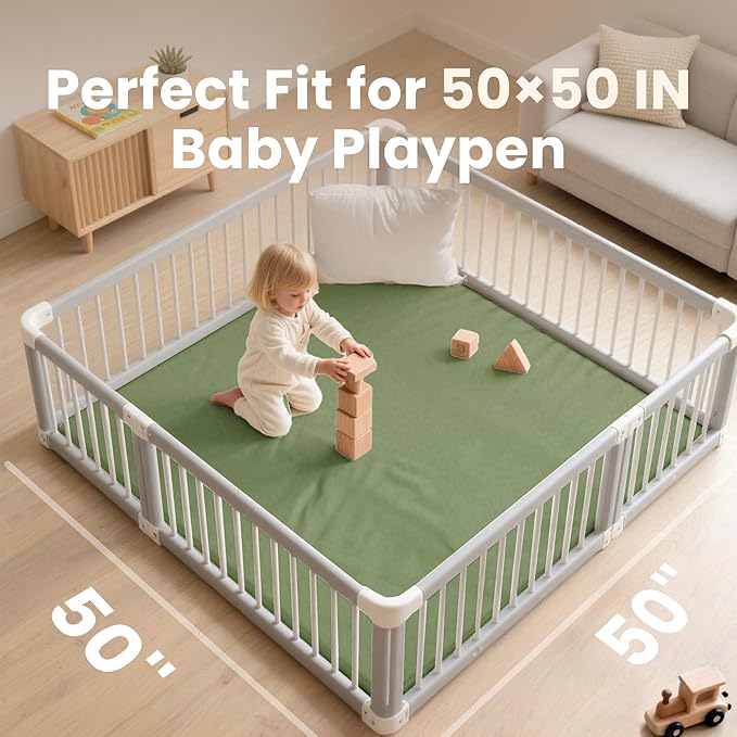 Huloo Sleep Baby Play Mat 50x50 Inches,1.3" Thick Padded Waterproof Floor Cushion & Playpen Mat with Vegan Leather,Non-Slip & Non-Toxic Nursery Rug for Infants, Toddlers & Kids(Green)