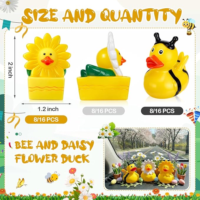 Deekin 48 Pcs Spring Bee Daisy Rubber Ducks Bulk 2 Inches Honeybee Daisy Party Favors for Dashboard Decorations Hide Cruise Ships Spring Gift Bag Fillings Bee Party Supplies