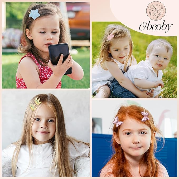 obeoby 24 Pack Toddler Hair Clips for Girls, Star Crown Butterfly Shaped Glitter Hair Barrettes Metal Snap Hair Clips Hair Accessories for Baby Girls Kids Holiday Birthday Gifts