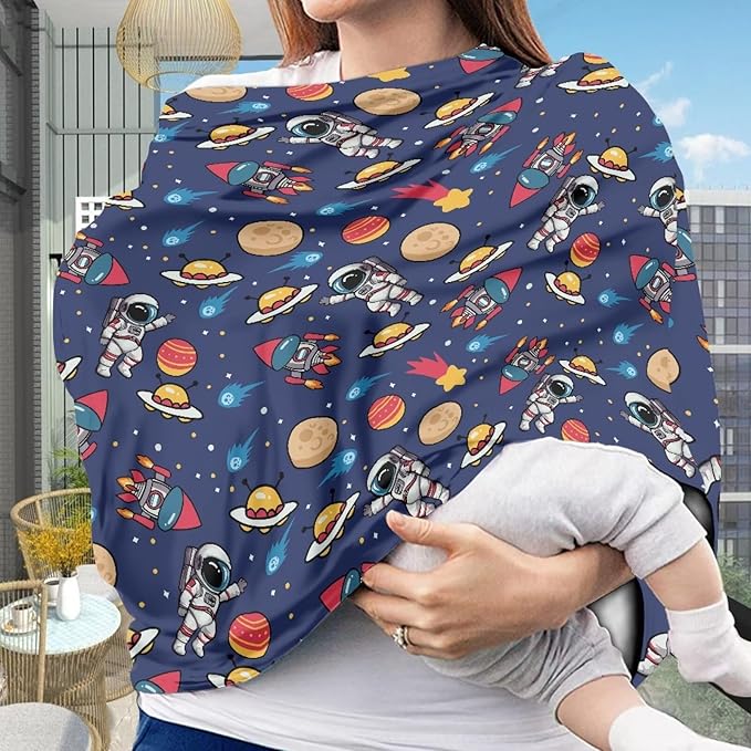 GIFTPUZZ Astronaut Car Seat Canopy Nursing Cover, Multi Use Baby Stroller and Carseat Cover, Nursing Covers Breastfeeding Scarf, Breathable Stretchy 360 Coverage, Perfect Babies Shower Gifts