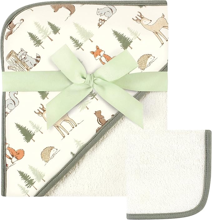Hudson Baby Unisex Baby Cotton Hooded Towel and Washcloth, Forest Animals, One Size