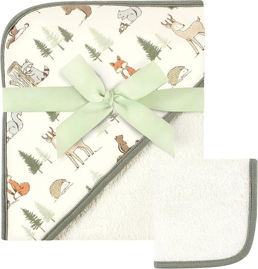 Hudson Baby Unisex Baby Cotton Hooded Towel and Washcloth, Forest Animals, One Size