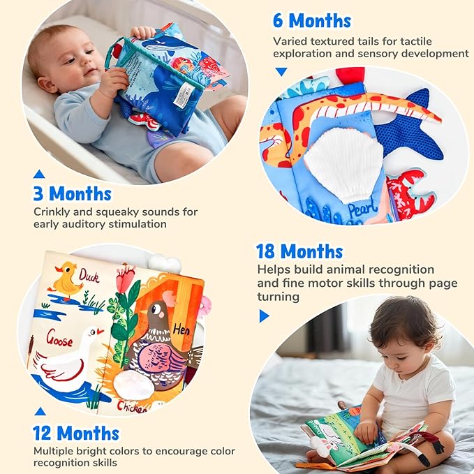 JoyCat 2-Pack Baby Cloth Books 0-6-12 Months - Farm & Ocean Infant Sensory Toys - Tummy Time Mirror & Montessori Developmental Learning -Easter Basket Stuffers Gift Set Girl Boy