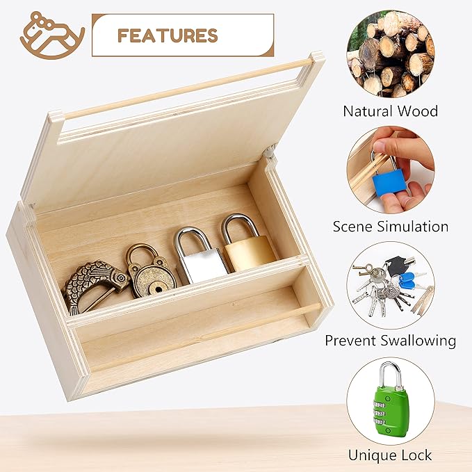 Woodtoe 8 PCS Montessori Lock and Key Toy, Montessori Toys for Toddlers 3 4 5 Year Old, Kids Tool Set, Montessori Materials Preschool Learning Toy, Fine Motor Skill, Educational Toys for Boy Girl 3-6