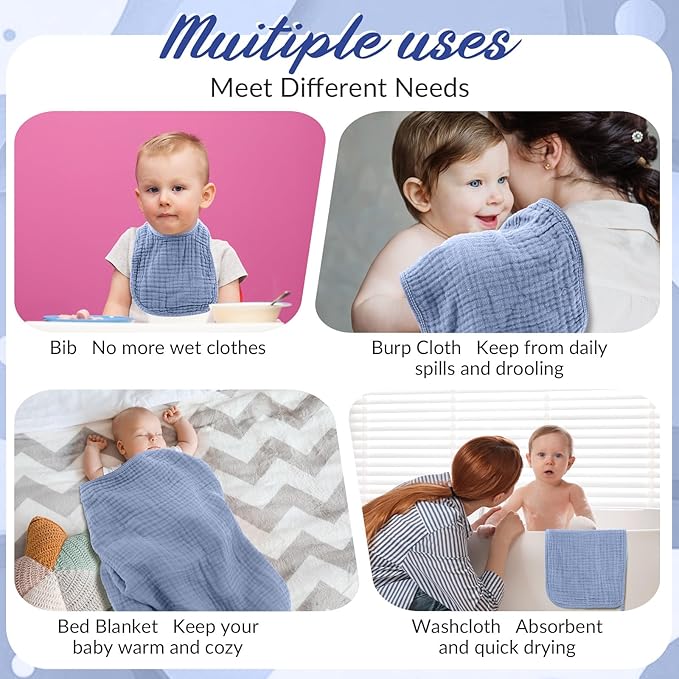 Hahafelt 6 Pcs Muslin Hooded Bath Towels Washcloths and Bibs Set, Muslin Cotton Baby Towels Absorbent Hooded Blanket Towel Infant Bibs for Boys Girls Newborn Infant Essential(Dark Blue, Light Blue)