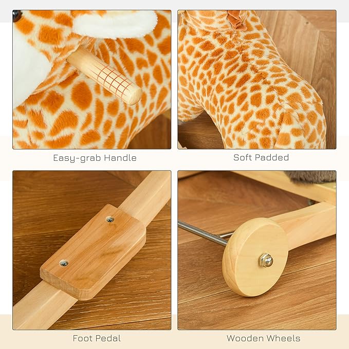Qaba Rocking Horse, 2 in 1 Kids Ride on Horse, Rolling Giraffe Animal Rocker with Sound, Wooden Base, Pedal, Grip Handle, Plush Riding Pony for 3-6 Years Old, Yellow